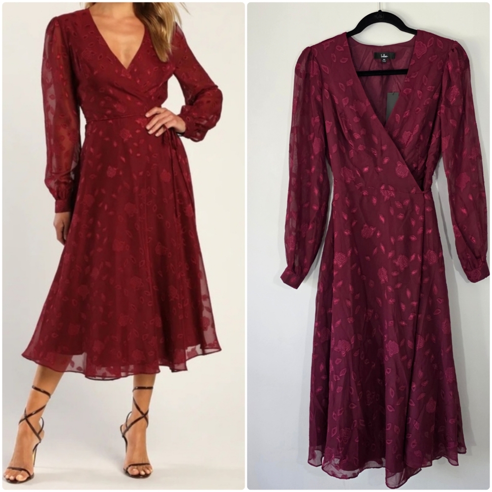 NEW Lulus Evening of Elegance Burgundy Floral Jacquard Wrap Midi Dress Size XS